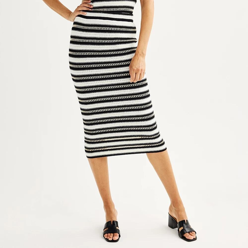 Nine West Women's size XXL Black White Gold Crocheted Lined Midi Skirt Striped